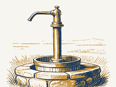 Decorative drawing: a cast-iron hand pump with a long curved lever handle and a spout, standing on a stone well.... Not a photograph of this place.