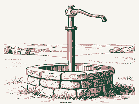 Decorative drawing: a cast-iron hand pump with a long curved lever handle and a spout, standing on a stone well.... Not a photograph of this place.