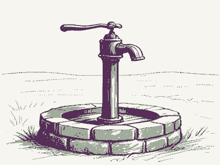 Decorative drawing: a cast-iron hand pump with a long curved lever handle and a spout, standing on a stone well.... Not a photograph of this place.