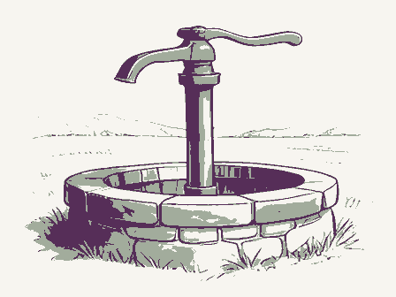 Decorative drawing: a cast-iron hand pump with a long curved lever handle and a spout, standing on a stone well.... Not a photograph of this place.