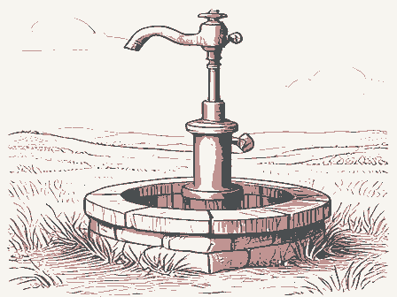 Decorative drawing: a cast-iron hand pump with a long curved lever handle and a spout, standing on a stone well.... Not a photograph of this place.