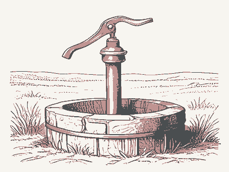 Decorative drawing: a cast-iron hand pump with a long curved lever handle and a spout, standing on a stone well.... Not a photograph of this place.
