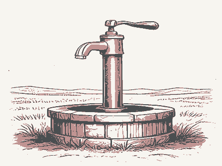 Decorative drawing: a cast-iron hand pump with a long curved lever handle and a spout, standing on a stone well.... Not a photograph of this place.