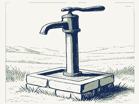 Decorative drawing: a cast-iron hand pump with a long curved lever handle and a spout, standing on a stone well.... Not a photograph of this place.