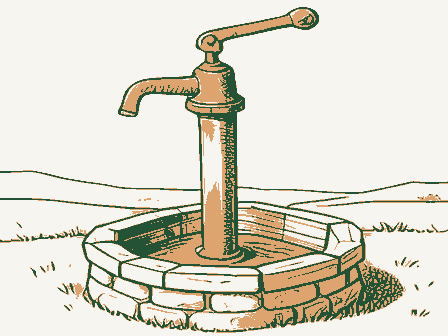 Decorative drawing: a cast-iron hand pump with a long curved lever handle and a spout, standing on a stone well.... Not a photograph of this place.