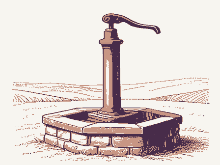 Decorative drawing: a cast-iron hand pump with a long curved lever handle and a spout, standing on a stone well.... Not a photograph of this place.