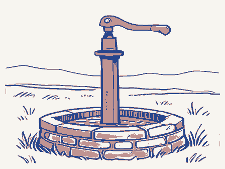 Decorative drawing: a cast-iron hand pump with a long curved lever handle and a spout, standing on a stone well.... Not a photograph of this place.