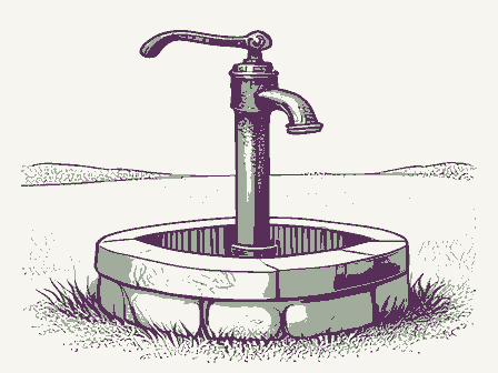 Decorative drawing: a cast-iron hand pump with a long curved lever handle and a spout, standing on a stone well.... Not a photograph of this place.