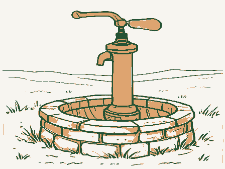 Decorative drawing: a cast-iron hand pump with a long curved lever handle and a spout, standing on a stone well.... Not a photograph of this place.