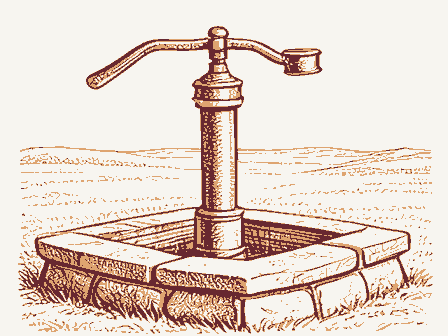 Decorative drawing: a cast-iron hand pump with a long curved lever handle and a spout, standing on a stone well.... Not a photograph of this place.