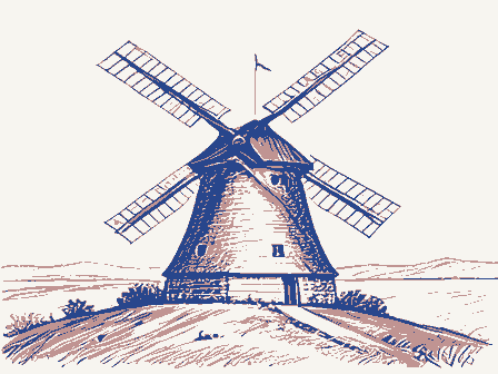 Decorative drawing: a smock windmill with a cap, tail pole and four sails on a rise. Not a photograph of this place.