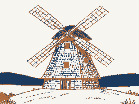 Decorative drawing: a smock windmill with a cap, tail pole and four sails on a rise. Not a photograph of this place.