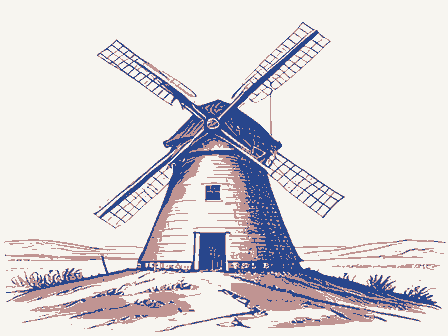 Decorative drawing: a smock windmill with a cap, tail pole and four sails on a rise. Not a photograph of this place.