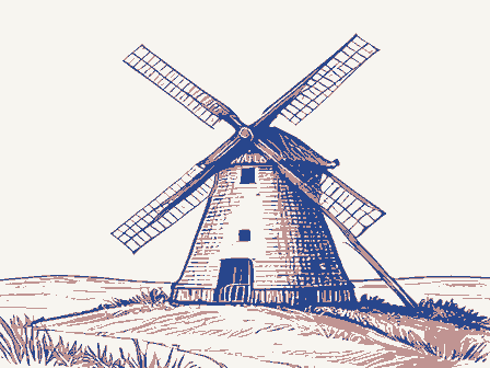 Decorative drawing: a smock windmill with a cap, tail pole and four sails on a rise. Not a photograph of this place.