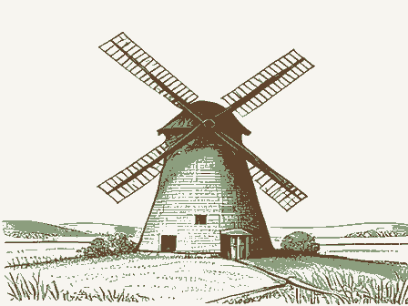 Decorative drawing: a smock windmill with a cap, tail pole and four sails on a rise. Not a photograph of this place.