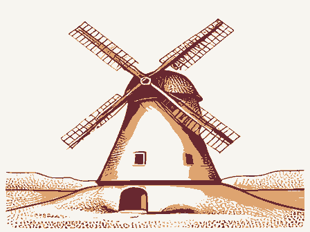 Decorative drawing: a smock windmill with a cap, tail pole and four sails on a rise. Not a photograph of this place.