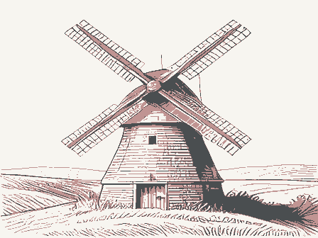 Decorative drawing: a smock windmill with a cap, tail pole and four sails on a rise. Not a photograph of this place.