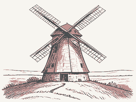 Decorative drawing: a smock windmill with a cap, tail pole and four sails on a rise. Not a photograph of this place.