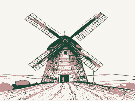 Decorative drawing: a smock windmill with a cap, tail pole and four sails on a rise. Not a photograph of this place.