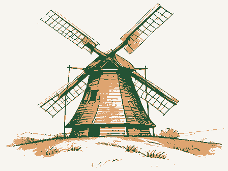 Decorative drawing: a smock windmill with a cap, tail pole and four sails on a rise. Not a photograph of this place.