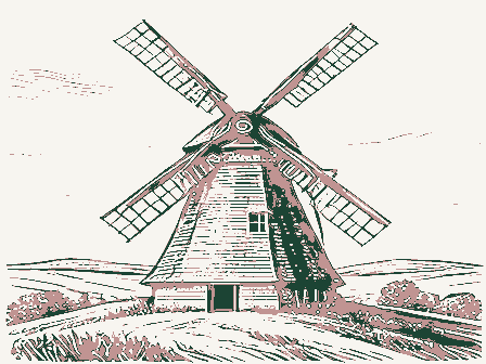 Decorative drawing: a smock windmill with a cap, tail pole and four sails on a rise. Not a photograph of this place.