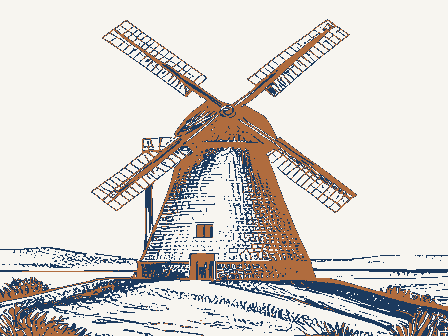 Decorative drawing: a smock windmill with a cap, tail pole and four sails on a rise. Not a photograph of this place.