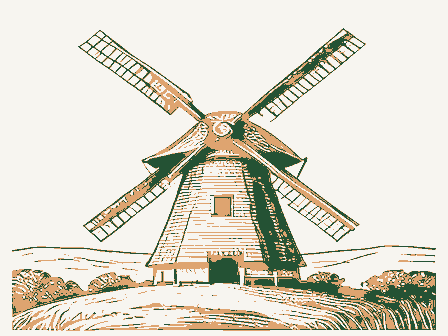 Decorative drawing: a smock windmill with a cap, tail pole and four sails on a rise. Not a photograph of this place.