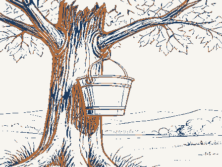 Decorative drawing: a sap bucket hanging on a maple trunk. Not a photograph of this place.