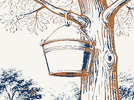Decorative drawing: a sap bucket hanging on a maple trunk. Not a photograph of this place.