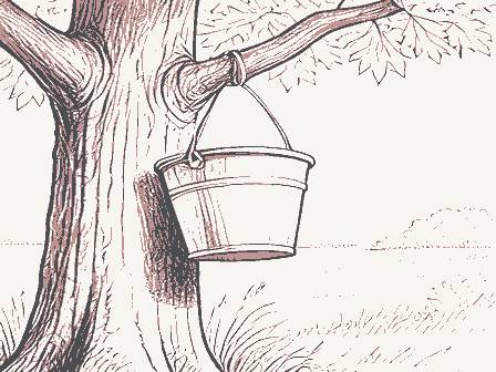 Decorative drawing: a sap bucket hanging on a maple trunk. Not a photograph of this place.