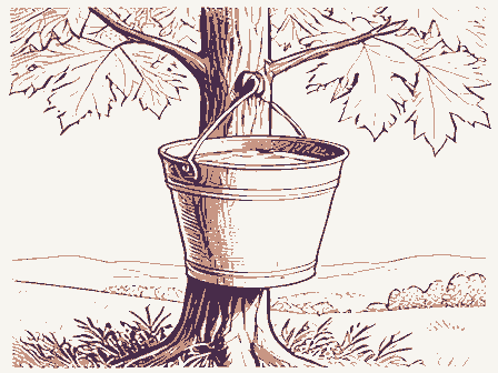 Decorative drawing: a sap bucket hanging on a maple trunk. Not a photograph of this place.