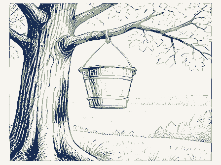 Decorative drawing: a sap bucket hanging on a maple trunk. Not a photograph of this place.