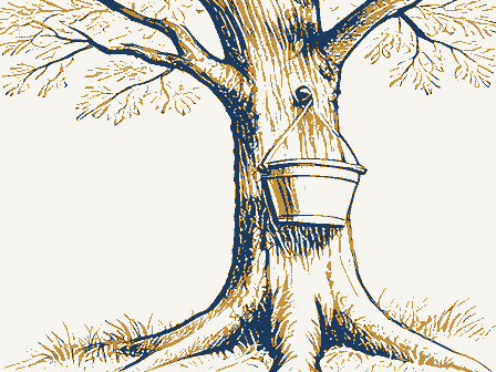 Decorative drawing: a sap bucket hanging on a maple trunk. Not a photograph of this place.
