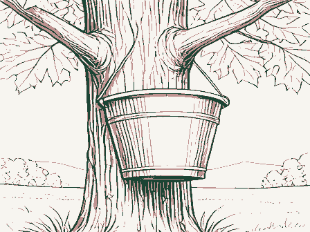 Decorative drawing: a sap bucket hanging on a maple trunk. Not a photograph of this place.