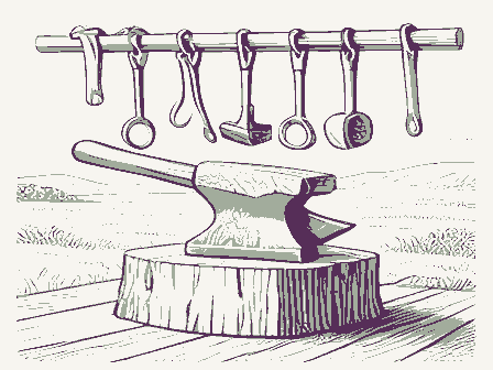 Decorative drawing: a blacksmith's shop: an anvil on its timber block under a rack of hanging tongs and hammers. Not a photograph of this place.