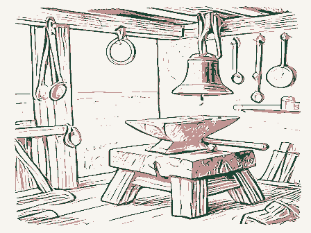 Decorative drawing: a blacksmith's shop: an anvil on its timber block under a rack of hanging tongs and hammers. Not a photograph of this place.