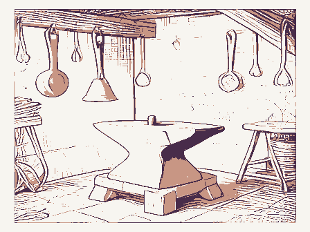 Decorative drawing: a blacksmith's shop: an anvil on its timber block under a rack of hanging tongs and hammers. Not a photograph of this place.