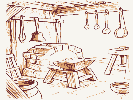 Decorative drawing: a blacksmith's shop: an anvil on its timber block under a rack of hanging tongs and hammers. Not a photograph of this place.