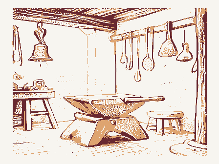 Decorative drawing: a blacksmith's shop: an anvil on its timber block under a rack of hanging tongs and hammers. Not a photograph of this place.