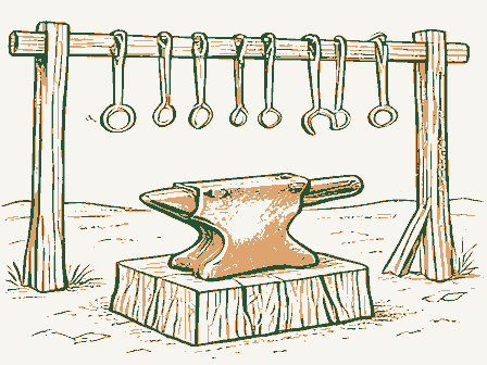 Decorative drawing: a blacksmith's shop: an anvil on its timber block under a rack of hanging tongs and hammers. Not a photograph of this place.