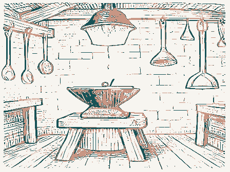Decorative drawing: a blacksmith's shop: an anvil on its timber block under a rack of hanging tongs and hammers. Not a photograph of this place.