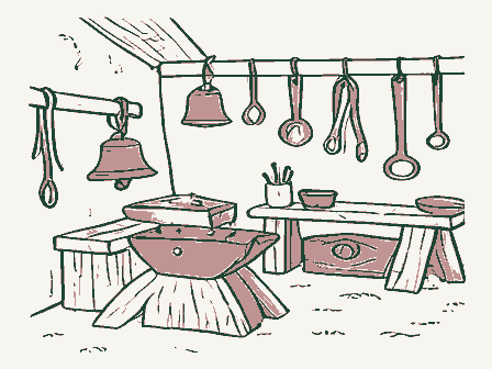 Decorative drawing: a blacksmith's shop: an anvil on its timber block under a rack of hanging tongs and hammers. Not a photograph of this place.