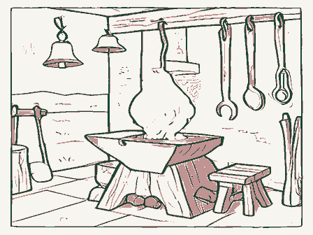 Decorative drawing: a blacksmith's shop: an anvil on its timber block under a rack of hanging tongs and hammers. Not a photograph of this place.