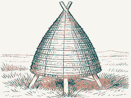 Decorative drawing: a straw beehive skep on a stand. Not a photograph of this place.