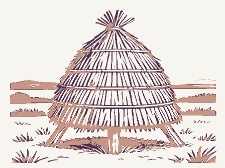 Decorative drawing: a straw beehive skep on a stand. Not a photograph of this place.