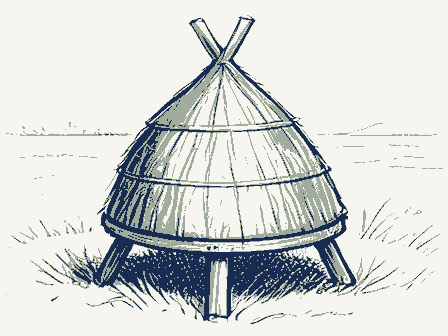 Decorative drawing: a straw beehive skep on a stand. Not a photograph of this place.