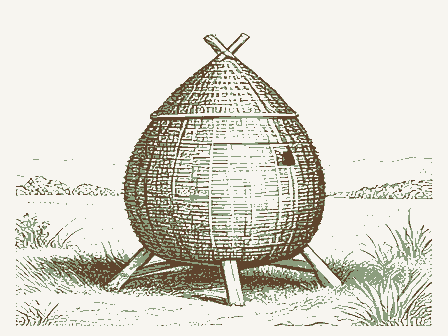 Decorative drawing: a straw beehive skep on a stand. Not a photograph of this place.