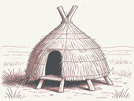 Decorative drawing: a straw beehive skep on a stand. Not a photograph of this place.