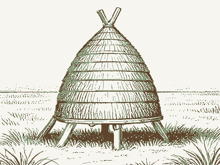 Decorative drawing: a straw beehive skep on a stand. Not a photograph of this place.