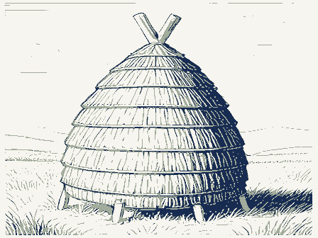 Decorative drawing: a straw beehive skep on a stand. Not a photograph of this place.